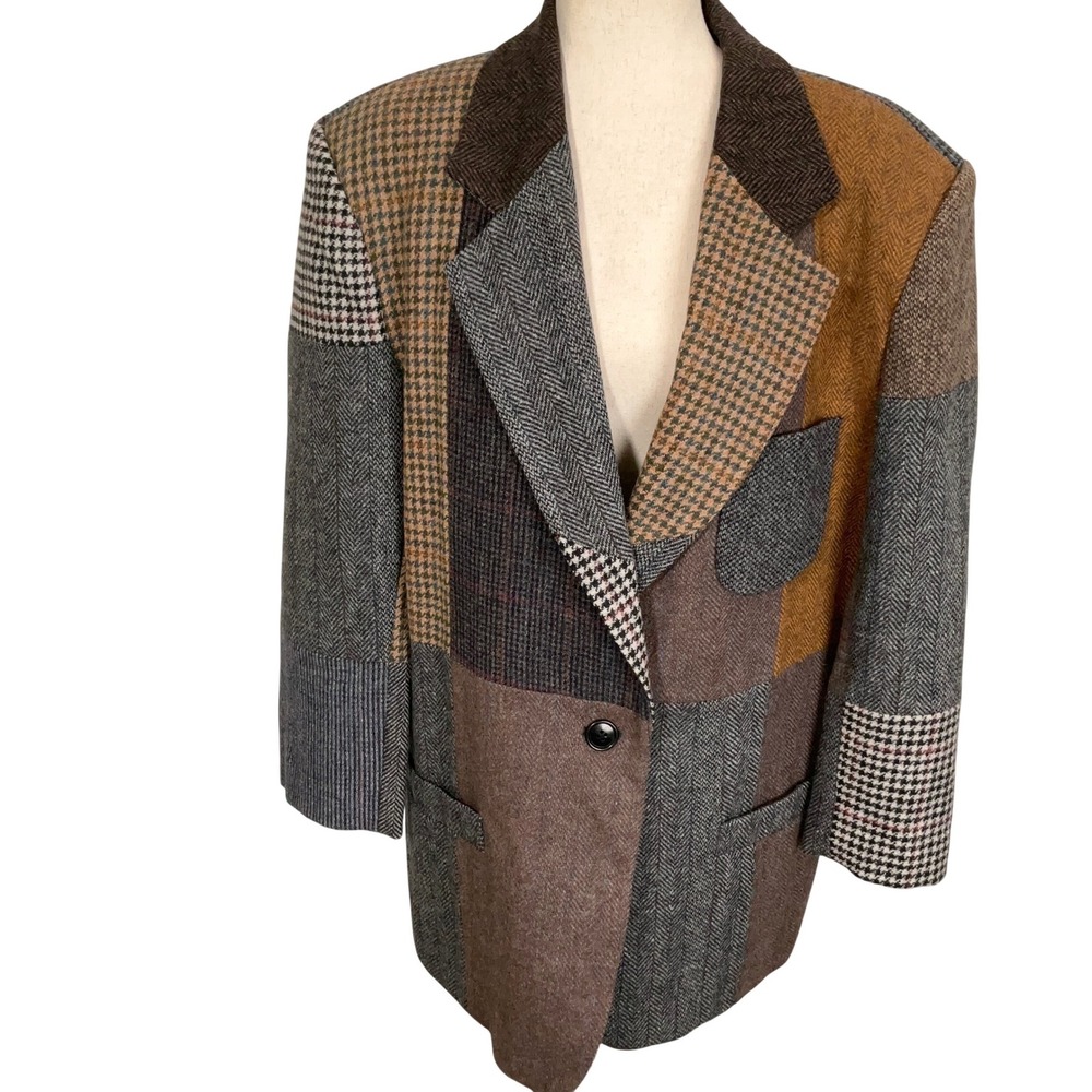 International Scene Blazer Women L 15/16 Brown Patchwork Herringbone Heritage